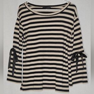 Sanctuary Tan And Black Striped Knit Top With 3/4 Bell Sleeves And Ribbons Sz M